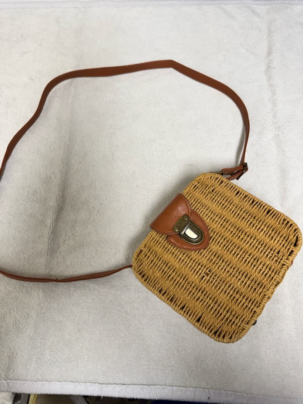 summer & rose Woven Straw Crossbody with Brown Strap