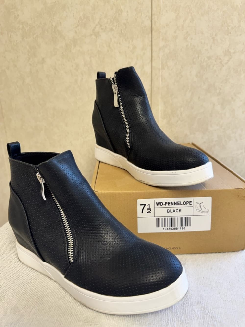 Journee Collection Black Perforated Wedge Ankle Booties with White Platform