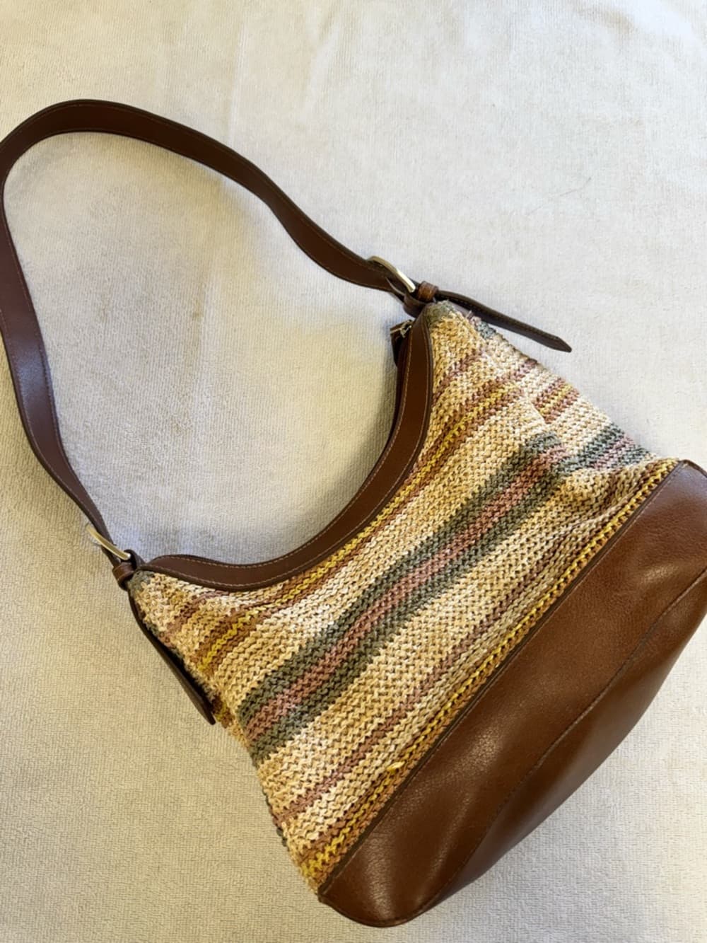 Woven Multicolor Straw Shoulder Bag with Brown Leather Trim