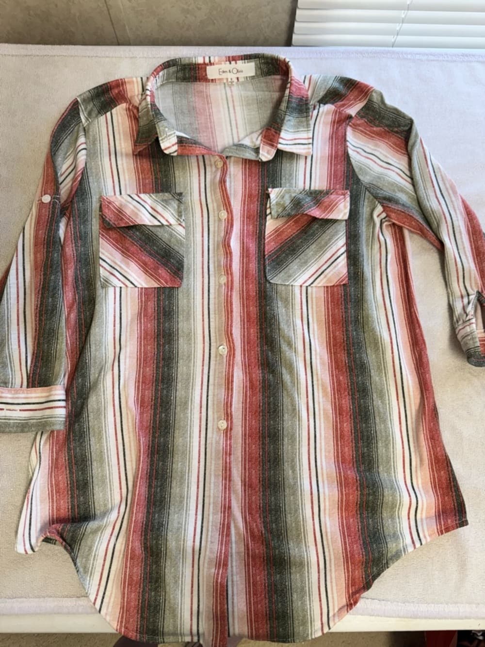 Eden & Olivia Striped Button-Up Tunic - Red, Green, Cream