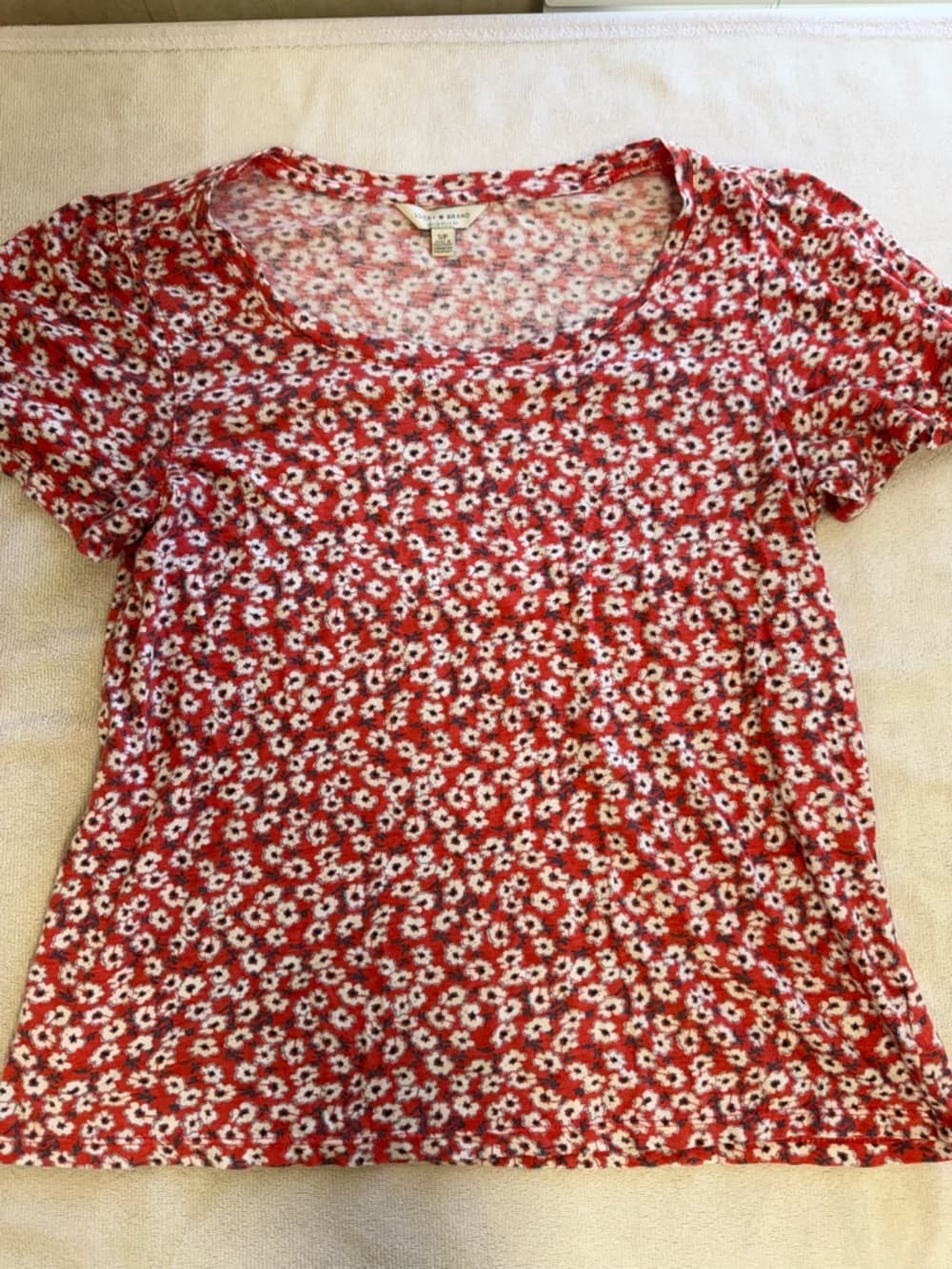 Lucky Brand Red Floral Scoop Neck Tee