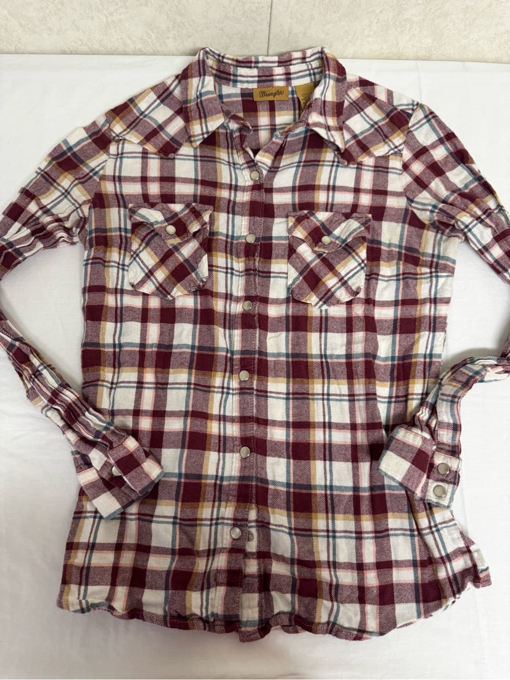 Wrangler Burgundy, Cream & Mustard Plaid Button-Down Shirt