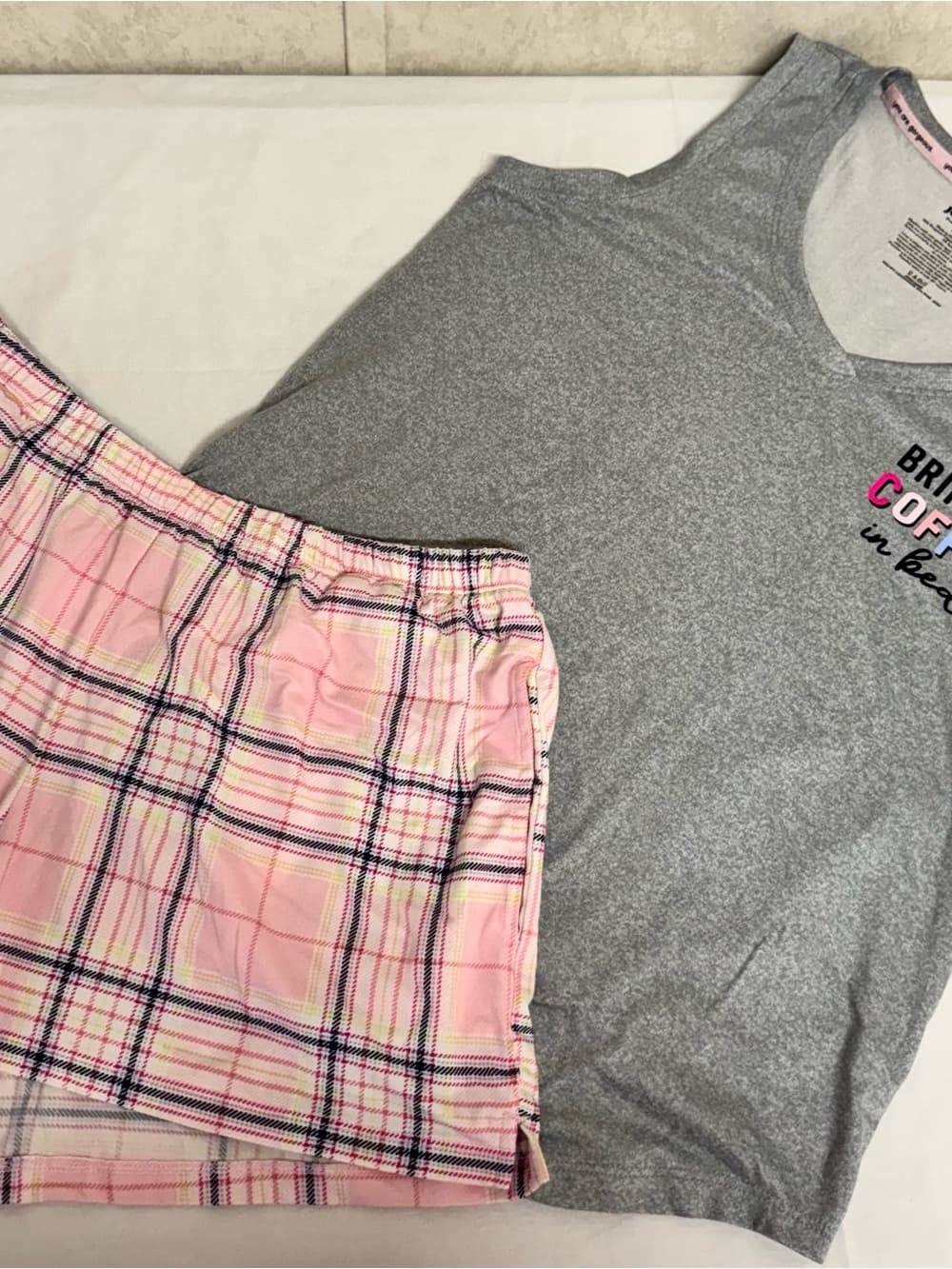 Women’s Gray V-Neck Pajama Top and Pink Plaid Shorts Set