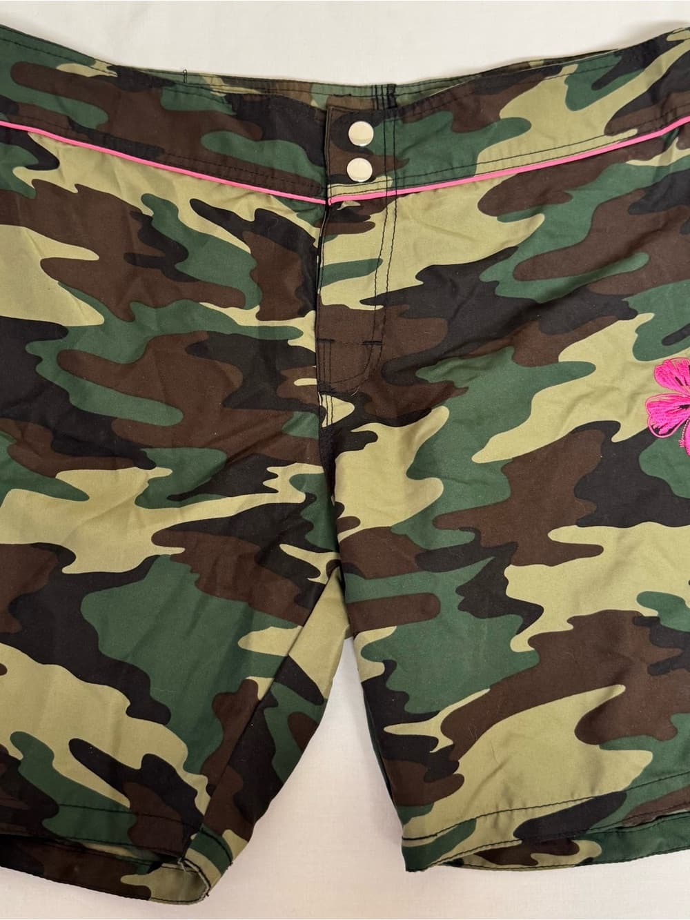 Camo Print Swim Trunks with Pink Trim