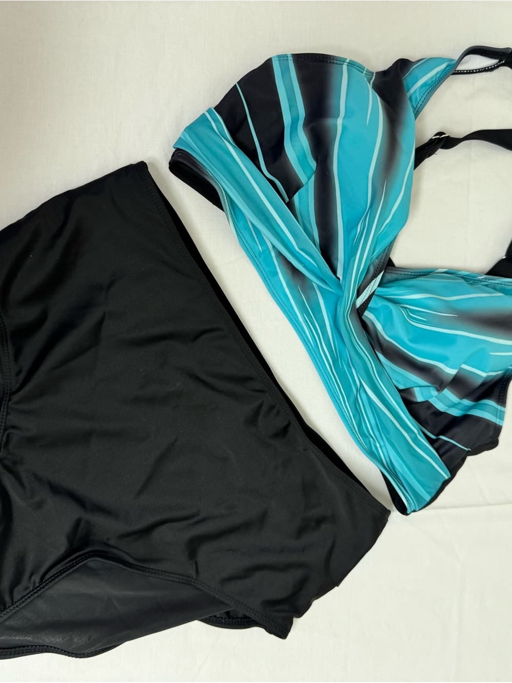 Turquoise Stripe & Black High-Waist Bikini Set
