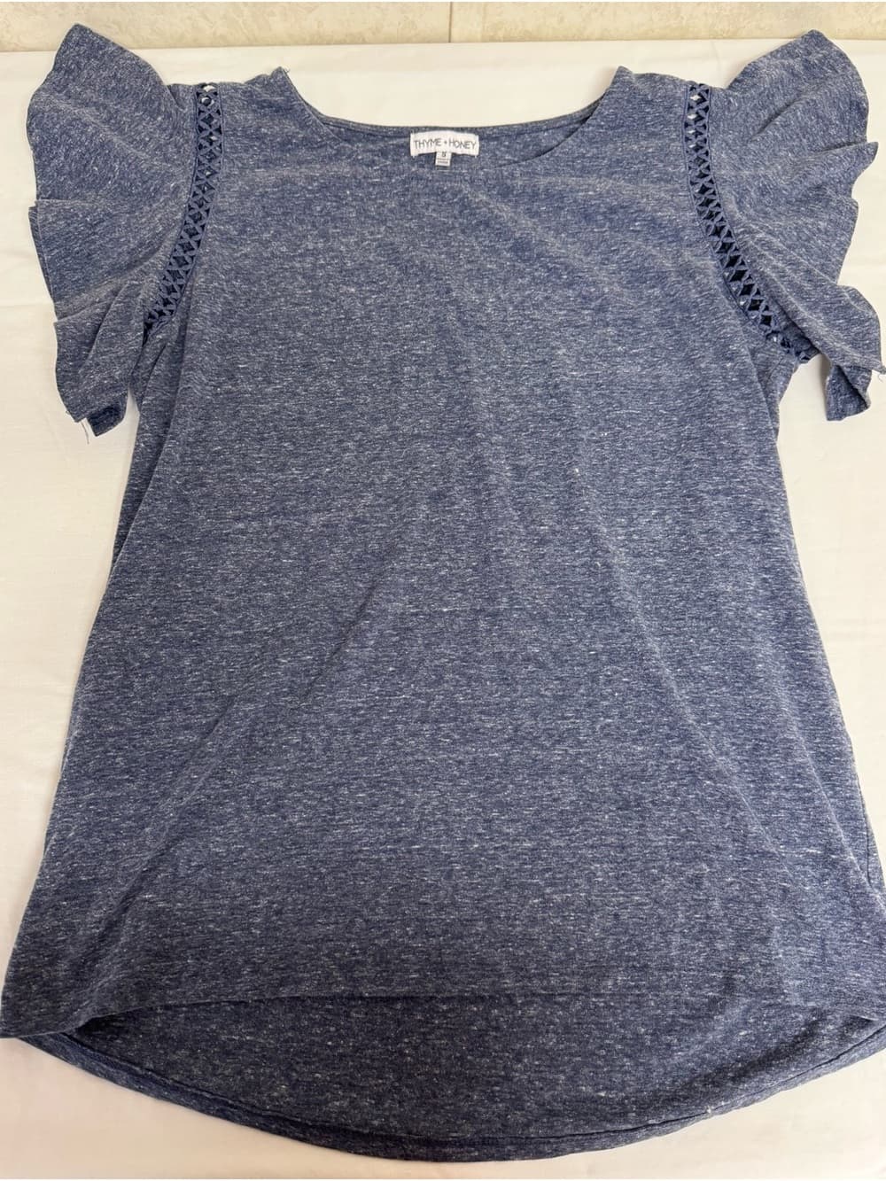 Thyme & Honey Women's Navy Ruffle Sleeve Tee