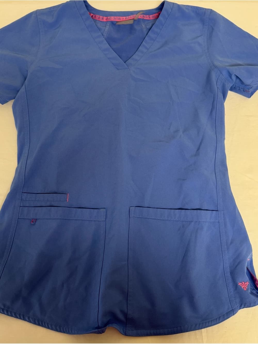 Med Couture Blue V-Neck Scrub Top with Pink Trim
