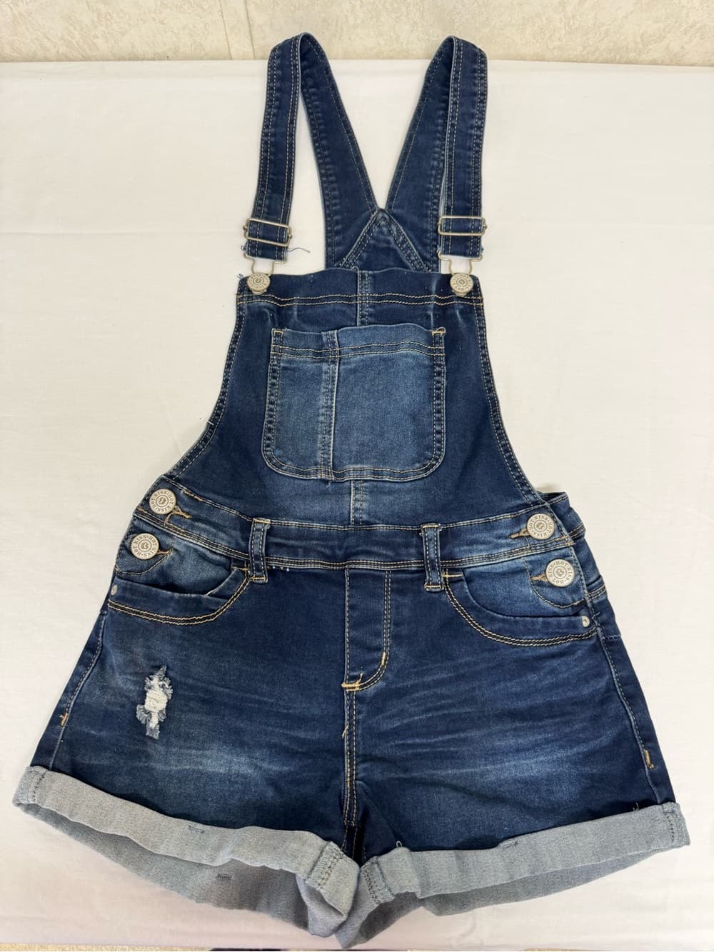 Hot Kiss navy denim short overalls with coral logo tag