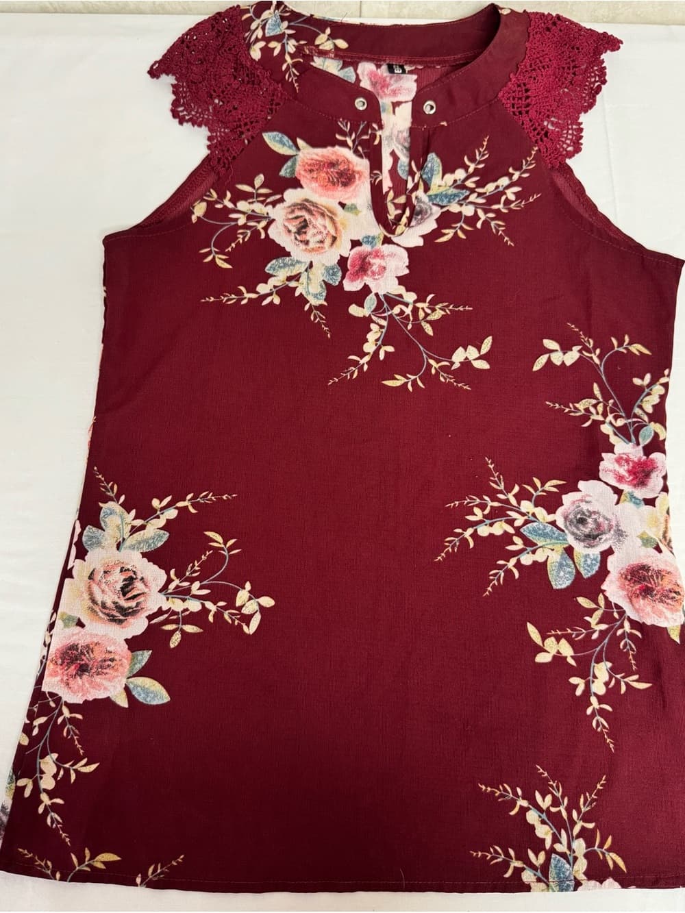 SHEIN Burgundy Floral Crochet-Shoulder Sleeveless Top