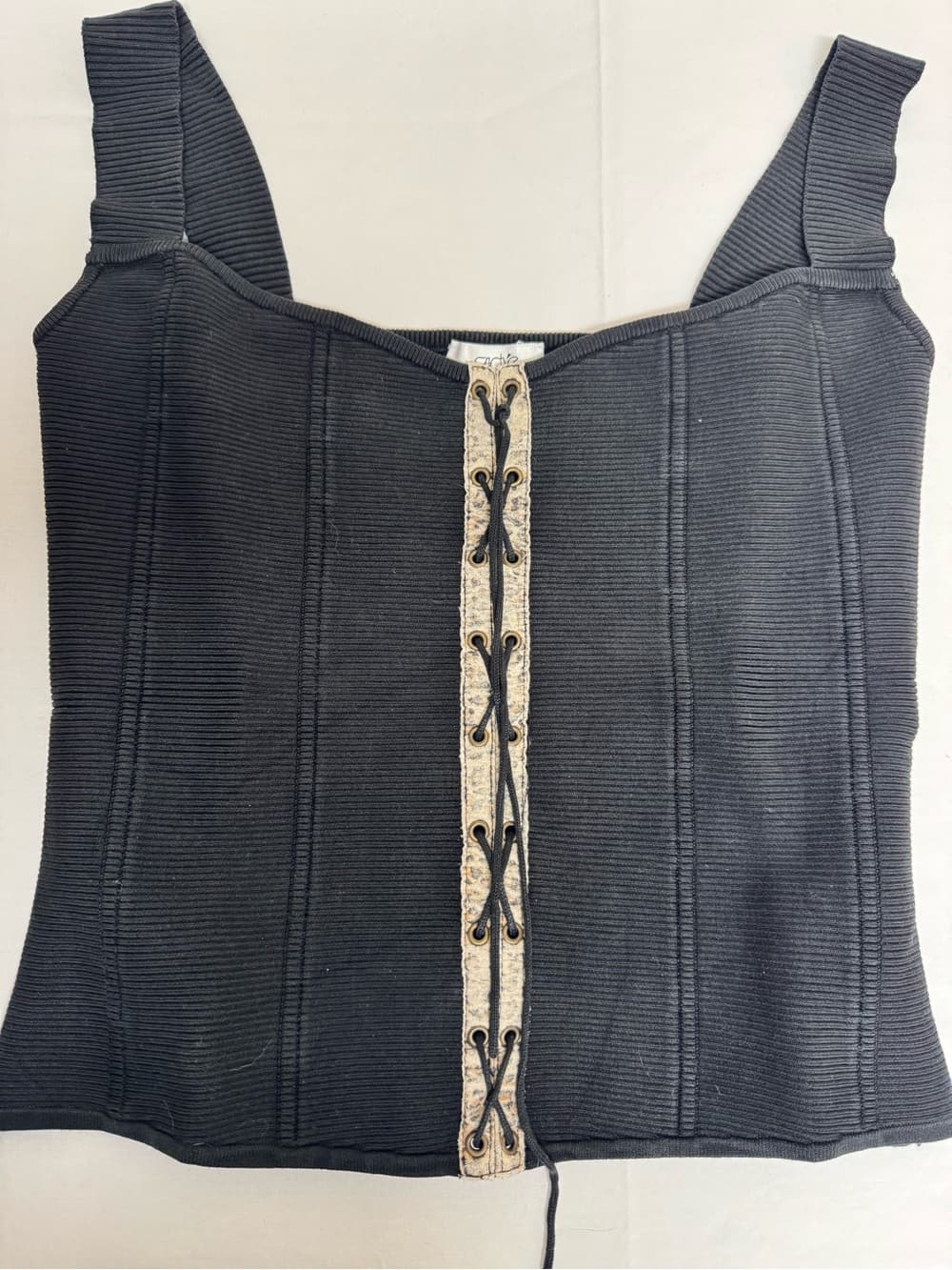 Cache Black Ribbed Tank Top with Contrast Lace-Up Trim