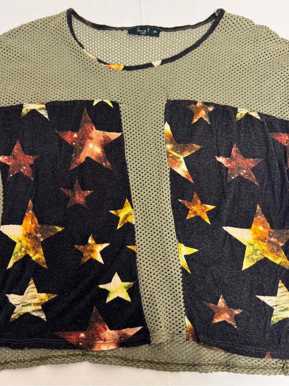 love J Olive Green Mesh Top with Black Star Print Panels