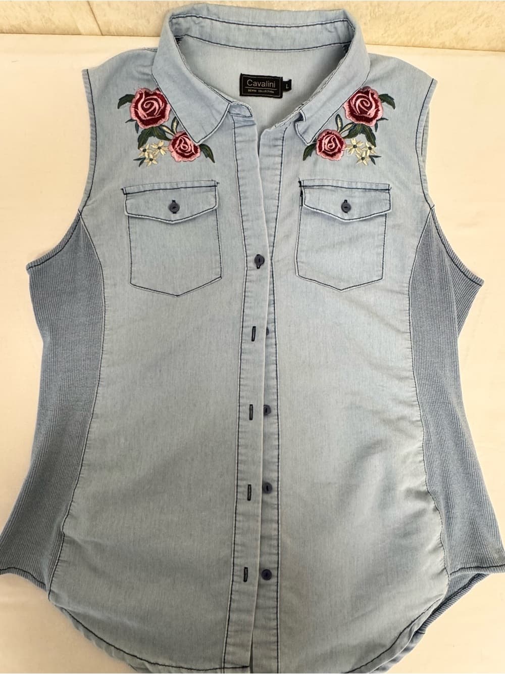 Cavalini Light Blue Sleeveless Chambray Shirt with Rose Embroidery