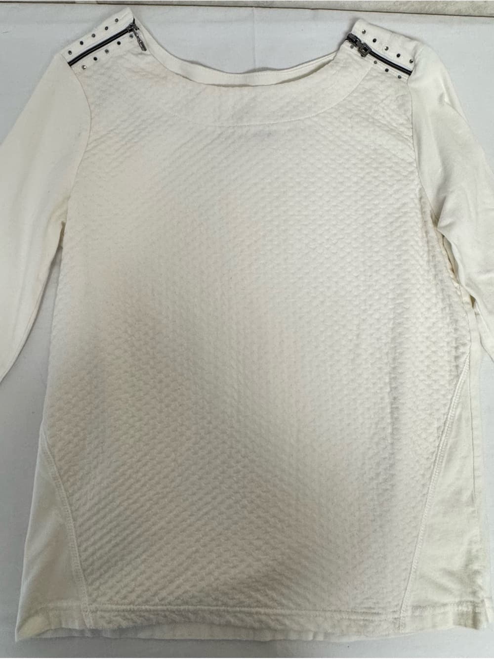Onque Casuals Cream Quilted Long Sleeve Top with Stud Accents