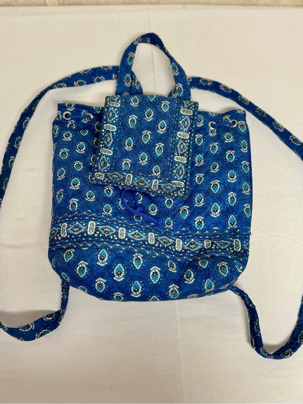 Blue Printed Drawstring Backpack with Flap