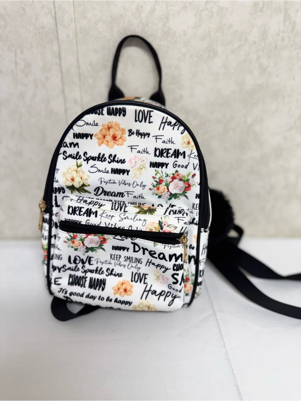 White Floral Script Mini Backpack with Gold Zippers