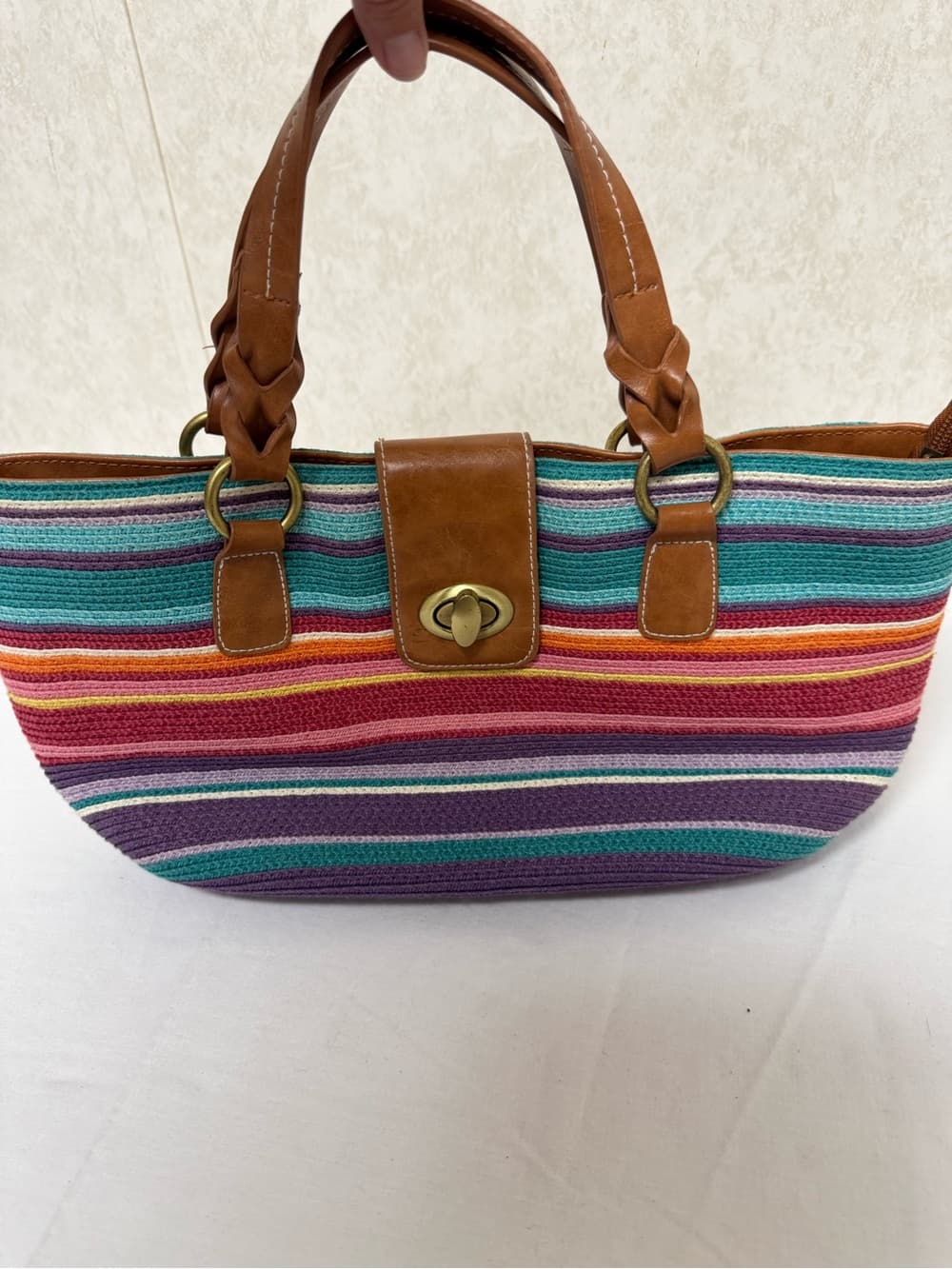 Striped Multicolor Woven Tote Bag with Tan Handles